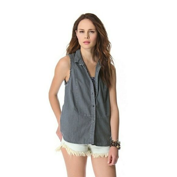 Free People Frayed Sleeveless Top Grey XS Buttondown Linen - Picture 1 of 6